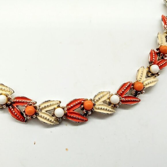 Vintage Pakula Orange Cream Enamel White Beaded Necklace - Picture 2 of 6